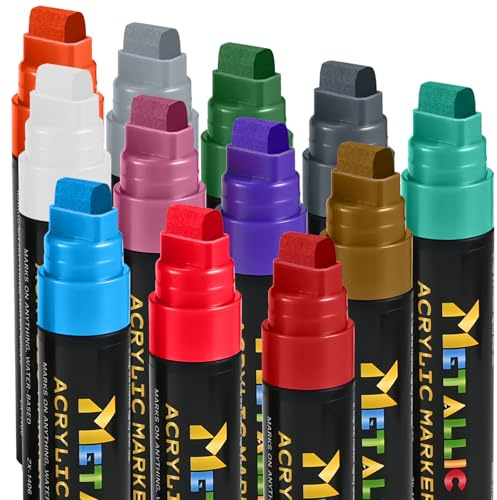Goldge 12 Metallic Acrylic Paint Markers, 15mm Jumbo Chisel Tip Paint Pens for Rock Painting, Wood, Canvas, Glass, Plastic, Metal & DIY Crafts – Permanent, Quick-Dry, Smooth Flow