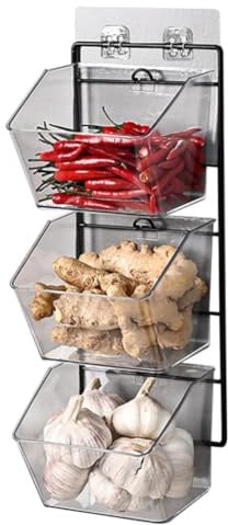 Wadakada 3 Compartments Wall Mounted Ginger Garlic Container Countertop Onion and Potato Storage Box with Metal Rack Length 40cm