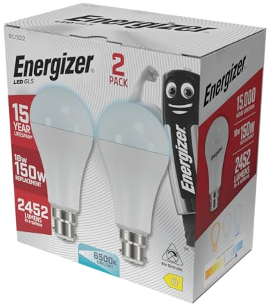Energizer B22 Bayonet LED Bulb 150W 150 Watts Daylight Light Bulbs 2 Pack | 150W Equivalent, Energy Saving uses only 18W, 6500K, 2452 Lumen, Non-Dimmable, Extra Bright