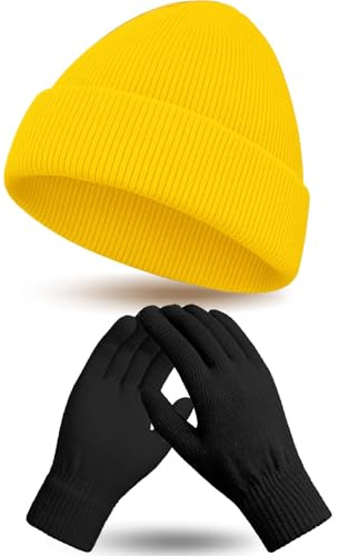 Gelbe Beanie Mütze und Schwarze Handschuhe Set, Lustige Mütze Damen Mütze Herren Winter Unisex Wintermütze Warm Karneval Kostüm Zubehör, Halloween Hut Handschuhe für Halloween Karneval Cosplay Party
