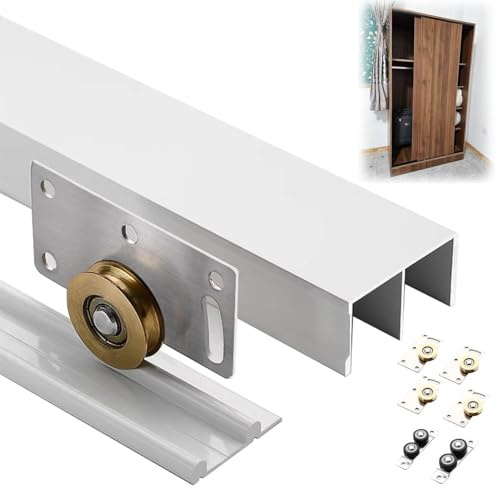 Schiebetür Schiene Schranktür-Doppelgleitbeschläge, Schiebetür-Schienensystem für Innentüren, Hochleistungs-Schiebetür-Schienenset(White,84cm/33.1in)