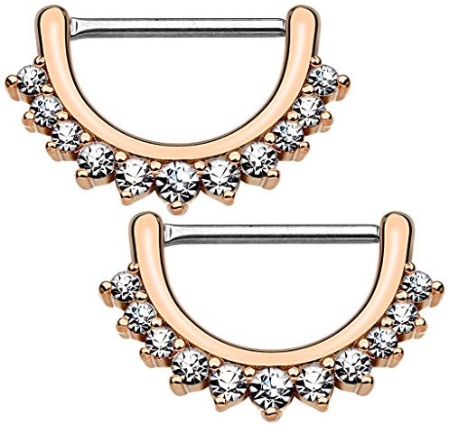 Pair of Nipple Piercing Clickers - Pair of Lined CZ Set Clickers - 14ga or 16ga - 316L Surgical Steel (14 Gauge (1.6 mm), Rose Gold) by BodyJewelryOnline
