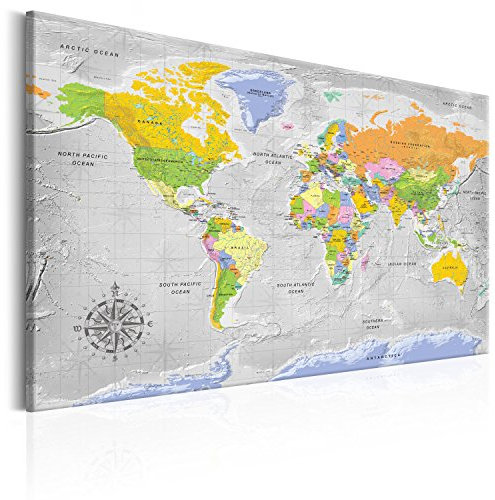 B&D XXL englische Weltkarte Pinnwand & Vlies Leinwand Bild 90x60 cm XXL Bilder mit Kork Rückwand Set mit 50 Markierfähnchen-Pinnnadeln Korktafel Kunstdruck Wandbilder Lernkarte Landkarte