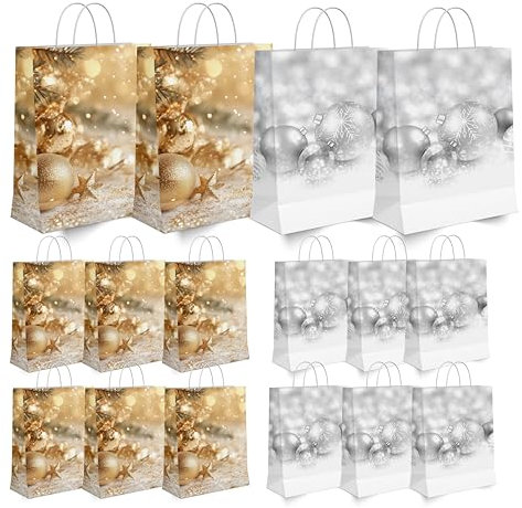 12x XXL Geschenktaschen Weihnachten - Geschenktüten ca. 23 x 17 cm Weihnachtstaschen für Geschenke (silber & gold)