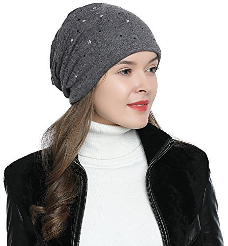 DonDon Berretto Invernale da Donna Slouch Beanie Morbido con Stelle e Strass Nero Rivestimento Interno Morbido e Caldo - Grigio Scuro