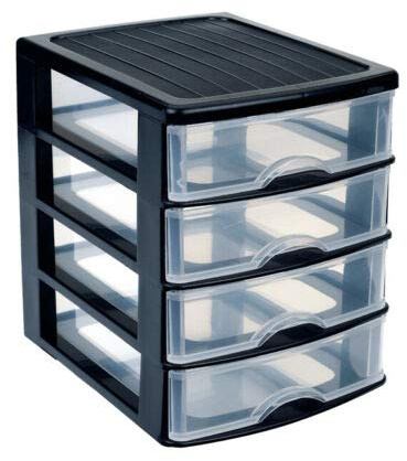 PlasticForte Petit meuble de rangement en rotin synthétique pour bureau ou table (4 tiroirs transparent/transparent), noir
