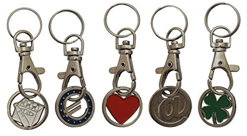 Preisjubel 5 x Einkaufswagenchip aus Metall mit Karabiner als Schlüsselanhänger Motiv-Mix