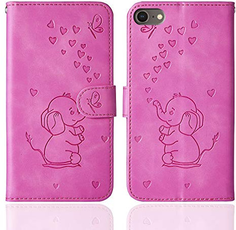 Tiyoo Phone case for iphone 7 iphone 8 Embossed Love Heart Elephant Butterfly Pattern Folding Stand PU Leather Wallet Flip Cover Protective Case with Card Slots, Magnetic Closure (Purple Red)
