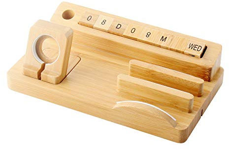 Hosoncovy Bamboo Wood Desktop-Ladestation für mehrere Geräte Uhrenständer Mobile Wickelständer Tablet-Wickelstation mit DIY-Kalender