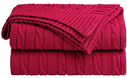 sourcing map Strickdecke Tagesdecke Strick Baumwolle Wohndecke Kuscheldecke mit Leichte Zopfmuster Kuscheldecke Sehr Weich für Sofa Couch Haus Decorative Decke Burgund Rot 130x150cm