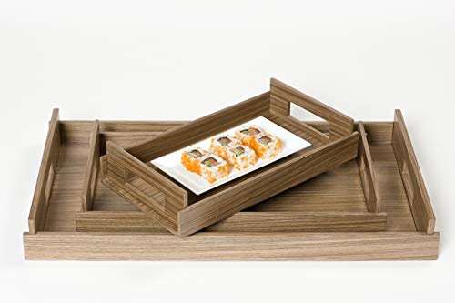 iWOODESIGN Bandejas de Lujo con asa, Juego de 3 bandejas de Madera Que anidan – Bandeja Grande, Mediana y pequeña para Alimentos, decoración otomana - Nuez Caliente