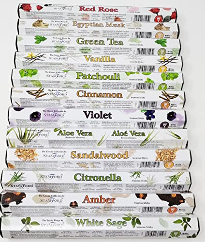 Stamford Incense Sticks Gift Set with Wooden Holder, 12 Assorted Fragrances, 240 Incense Sticks, Sandalwood, White Sage, Amber, Vanilla, Rose, Home Fragrance Collection ST12Mix1