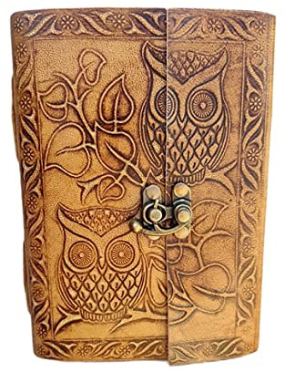 Tagebuch mit Doppel-Eule, Vintage-Stil, Leder