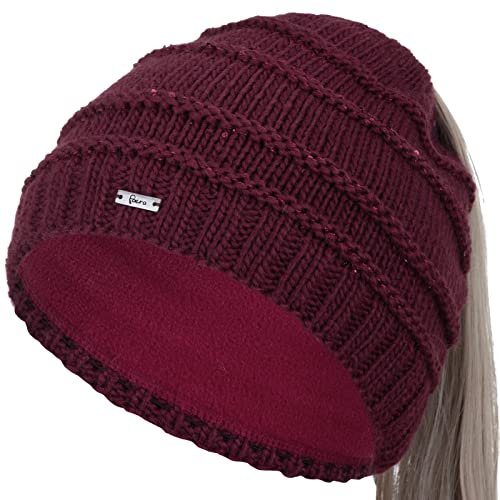 Faera Damen Wintermütze Zopfmütze Zopfloch Loch Zopf Beanie Mütze Strickmütze 72, Farbe:Weinrot