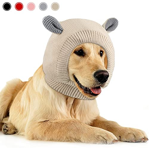 Frienda Quiet Ears for Dogs & Cats, Noise Protection Knitted Pet Ears Snood Head Wrap Hats, Medium to Large, Beige