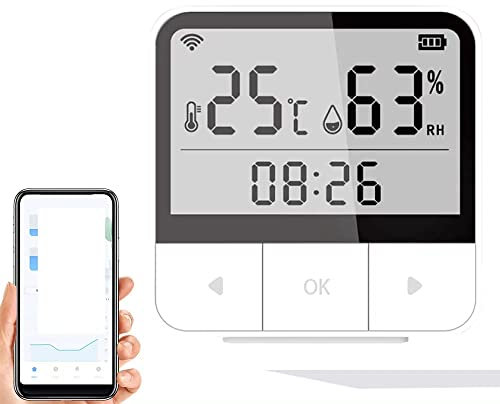 Tuya WiFi Sensor de Temperatura inalámbrico con Alexa/Ggoogle, Digital Termómetro Higrómetro Interior con Funciones de Alarmar