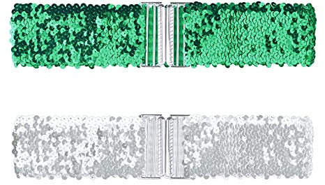 Allegra K Breite Taillengürtel mit Glitzer, Interlock-Schnallen, Pailletten-Dekor, dehnbare Gürtel, 2 Stück Grün 60cm/23.62