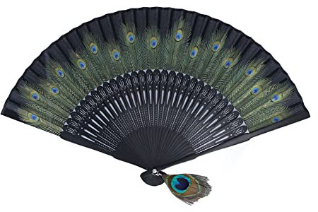 Hand Fan Folding,Black Fabric Hand Fan, Beautiful Peacock Pattern Antique Bamboo Hand Fan for Performance Clothes Decoration Gift, Folding Hand Fan