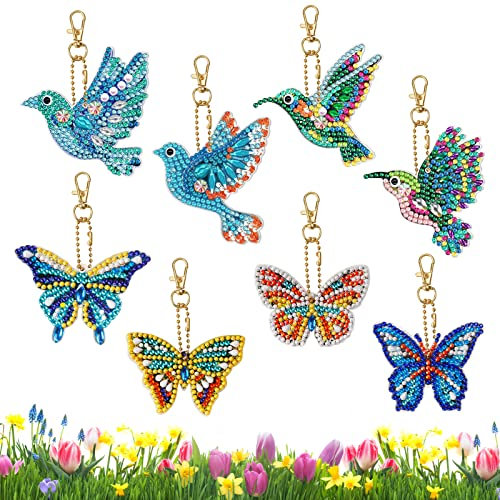 WEVOL Diamond Painting Schlüsselanhänger, 8 Stück 5D Diamant Painting Anhänger DIY Doppelseitiges Diamant Schmetterling und Vögel, Diamond Painting Keychain für Erwachsene Kinder Kunsthandwerk Deko