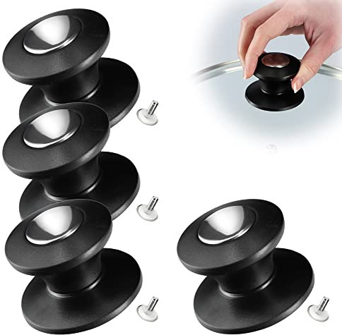 KADAX Tirador de tapa de cacerola, pomo de plástico y acero inoxidable, mango universal para tapa de olla, pomo para tapa de cristal (4 unidades), color negro y plateado