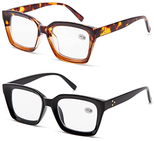 Amorays Lesebrille Oversize Square Frame Vintage mit Anti-Licht Blau Linsen Presbypia Leser für Damen Herren 6561, Schwarz und Schildkröte, 2.00