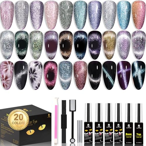 Clara Colors Cat Eye Gel Nagellack Set, 20 Farben Nagellack holografischer Glitzer Galaxy Serie mit schwarz weißem Basisgel und Basis Decklack
