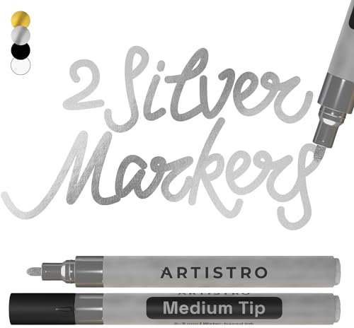 Artistro 2 Stylos Peinture Acrylique Argent – Pointe Moyenne 3 mm – Pour Roche, Céramique, Bois, Verre, Plastique, Tissu – Idéal pour Projets Artistiques, Loisirs Créatifs