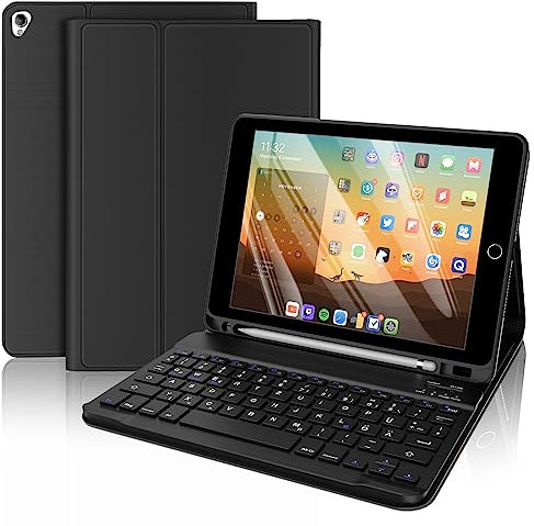 FOGARI Tastatur Hülle für iPad 6./5.Generation - iPad Pro 9.7,iPad Air 2,iPad Air 1, QWERTZ Deutsches Layout Magnetisch Abnehmbarer Tastatur mit PU Leder Schützhülle - Schwarz