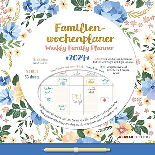Familienwochenplaner Flowers - Kalender 2024 - Alpha Edition-Verlag - Familienkalender mit 6 spalten - 30,5 cm x 30,5 cm