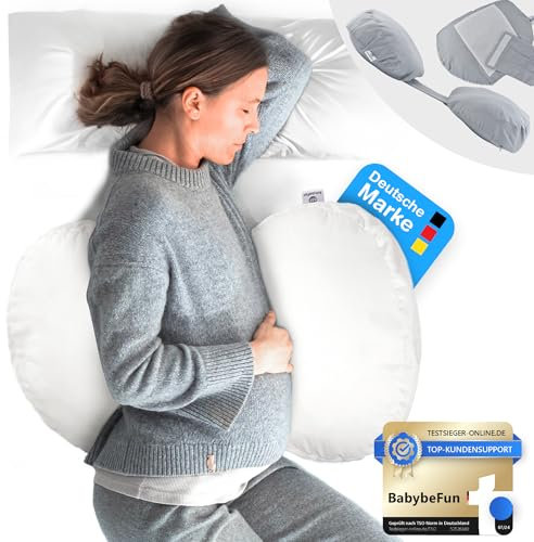 BabybeFun kompaktes Schwangerschaftskissen zum Schlafen gegen Rückenschmerzen [Extra Komfort Dank Verstellfunktion] Pregnancy Pillow | Waschbar | Flexible Füllung | Weiß