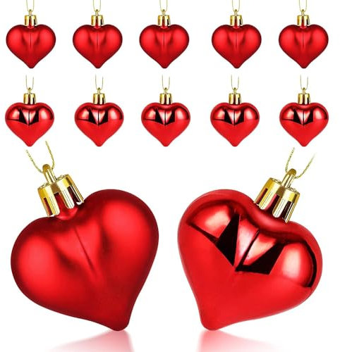 SECALIFE 12 Pieces Red Heart Baubles Shiny and Matte Heart Baubles for Christmas Tree Decorations Heart Shaped Bauble Hearts Christmas Ornament Hanging Tree Pendants, 4.5CM