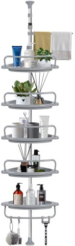 GUHAOOL Estanteria Baño, Repisa de Ducha Regulable en Altura 100-310 cm, sin Taladro con Barra Telescópica, Telescópica Estanteria Ducha con 5 Cestas y 1 Toallero y 4 Ganchos, Gris