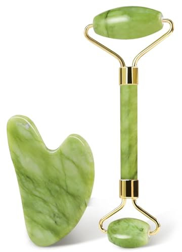 Gua Sha Jade Visage, Pierre de Gua Sha pour Visage, Rouleau de Jade Visage, Jade Roller Visage, Relaxation des Muscles du Cou et du Corps- Vert Calme Et Détend La Peau, Cadeaux