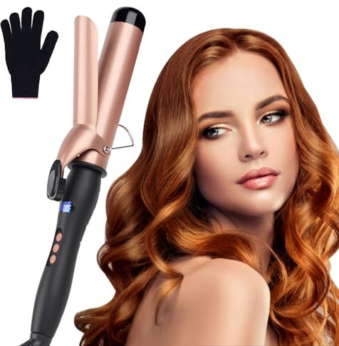 Bizcasa Rizador de Pelo,25mm rizador de cerámica turmalina de,Plancha Ondas al Agua LCD 140-230 ℃ Temperatura Ajustable Calentamiento rápido Plancha Ondas Guante Resistente al Calor (25MM)