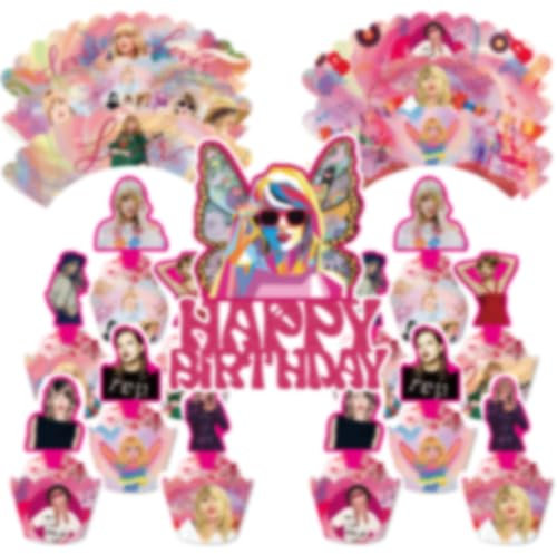 25 Stück Tay-lor Swift Cupcake Topper Set, Cupcake Wrappers Papier, Kuchen Deko Cupcake Wrappers, Muffins Dessert Dekoration, Tay-lor Singer Cupcake Topper Dekoration für Kinder Geburtstag Party