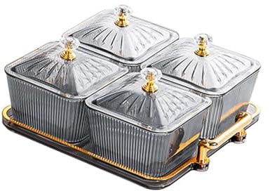 F Fityle Plats de Service divisés, 4 Compartiments, Assiette de Fruits secs, Bols Amovibles avec Couvercle, Plateau de collation pour Bonbons, Noix, Mariage, Gris