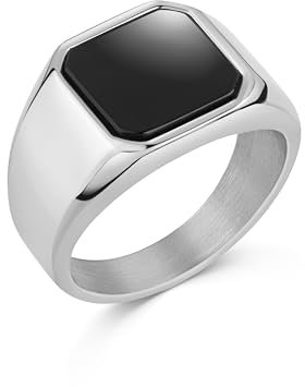 DJADEE Innovative Herren Ring Edelstahl-Silber-Weißgold-beschichteter Onyx-Stein-Herrenring schwarz, wasserfest, nickelfrei, Geschenk für Männer Jungs (20,6 mm Ø - 65)