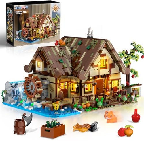 INSOON Maison en bois avec lumière LED - 2570 pièces - Cabane en bois - Mini brique de construction - Jouet avec roue à eau - Étang - Modèle pour adultes, adolescents, enfants, garçons et filles de 10