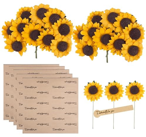 Girasoli Finti con Stelo,100 pcs Piccoli Girasoli Finti,9cm Girasoli Artificiali,Finti Girasoli,Piante Artificiali Girasole,100 pcs Etichette Adesive,Decorazione per Esterni,Casa,Matrimonio