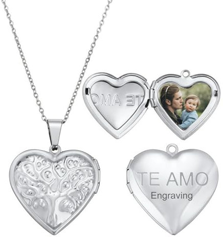 MeMeDIY Personalisiert Medaillon Kette mit Bild Damen Herz Medaillon Zum Öffnen Kette Halskette Gold/Silber/Rosegold Gravierte Gedenk Anhänger Halskette Schmuck Geschenke für Frauen -D1