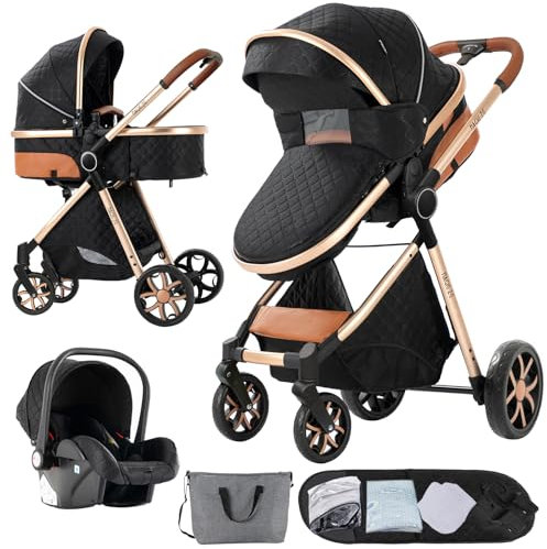 Nine point nine Kinderwagen 3 in 1, Kinderwagen Set mit Umkehrbarem Doppelschiebemodus, Kombikinderwagen 3 in 1 mit Großer Bequemer Babywanne, Rahmen Aluminiumlegierung (V9 Black)