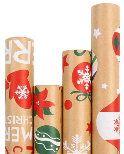 SULOLI Weihnachten Geschenkpapier Set 4 Rollen Weihnachtsgeschenkpapier Nature Kraftpapier für Weihnachten Neujahr Geschenkverpackung（43cm X 3m）