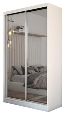 Margaret Hadas24 Kleiderschrank Darix mit Spiegel, Organizer, Mehrzweckschrank, Schwebetürenschrank, Garderobenschrank, Kleiderstange, Kleiderständer, Flurschrank, 2-türig, Schrank, weiß, 150 cm