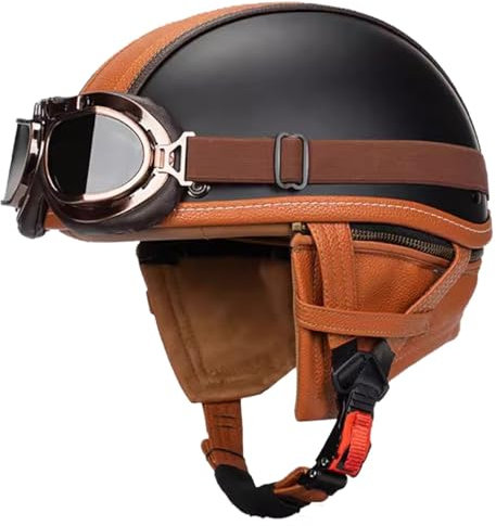Casco Jet Moto Vintage Omologato ECE Mezzo Pelle Casco Da Motociclista Caschi Cromwell Con Occhiali Portatile Casco A Scodella Per Uomo Donna Scooter Street Cruiser 1,L:58-59CM