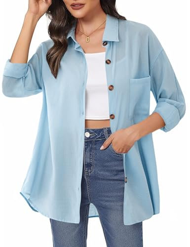 Womens Blouse Long Sleeve Shirt V Neck Shirts Tops Button Down Basic Loose Tunic T Shirts Sky Blue M