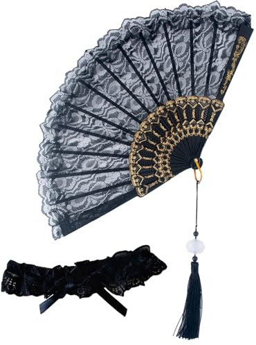 AYNKH Black Lace Hand Fan Handheld Fabric with Tassel Hand Fan Folding Bridal Folding Fans with Garters for Brides Spanish Fan Hand Fans for Women Girls Halloween Dress Up Costume Dancing Party