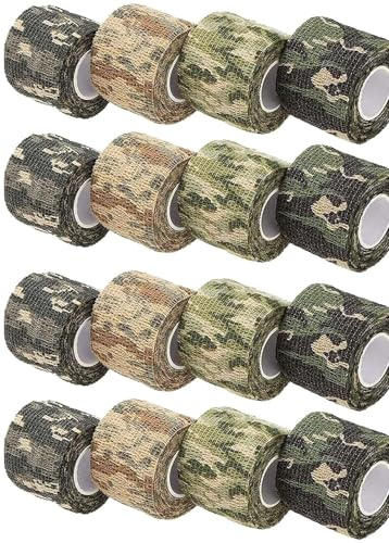 16 Rollen Camo Tape, Multifunktionales Camouflage Tape, Selbstklebender Vliesstoff Tarnband, Elastisches Tarnung Tape, Camo Stretch Bandage, Wasserfest Stealth Tape für Taschenlampe Teleskop Fahrrad