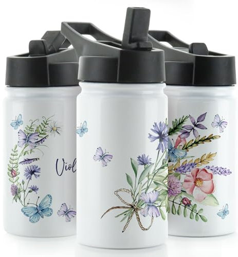 Hairyworm Personalised Water Bottle, 350ml White Sports Flask with Straw Cap Flip Lid, Stainless Steel, Customised with Initial/Name, Wildflower Purple Floral Butterfly Design Print, Drink Bottle
