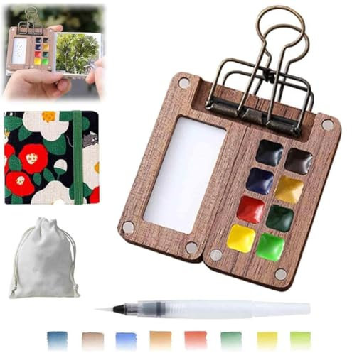 Mini voyage portable, lot de 12 palettes aquarelle, boîte de peinture en bois parfait pour les voyages et cadeau pour les artistes créatifs (C)