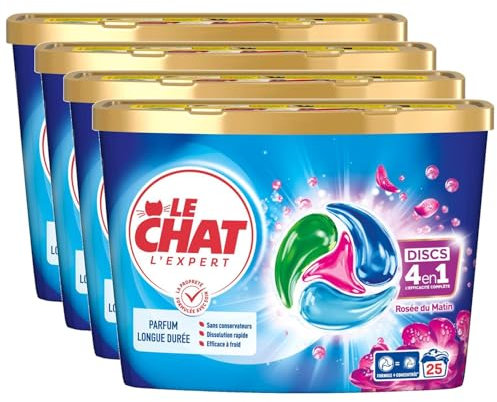 LE CHAT L'Expert - Discs 4en1 Parfum Rosée du matin - Lot de 4 boîtes de 25 capsules (100 capsules)